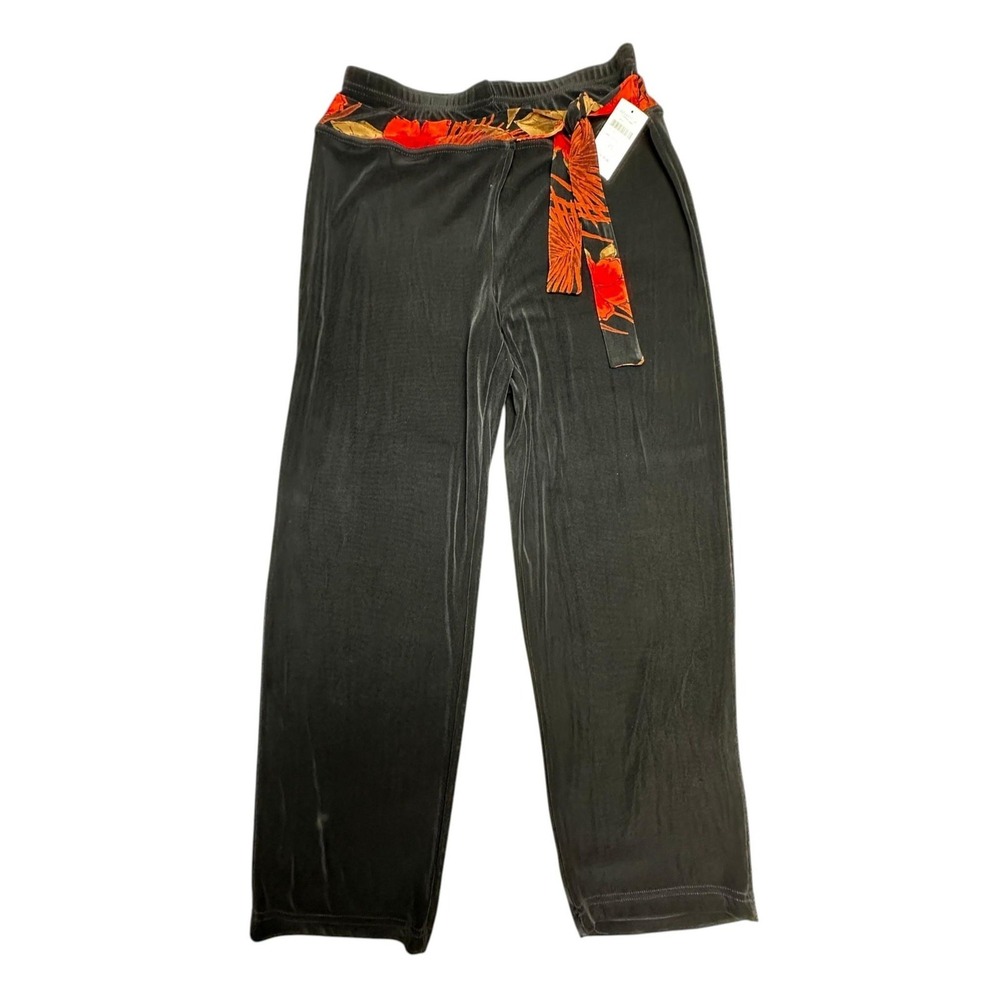 Coldwater Creek Pants Womens PL Black Wide Leg Hibiscus Floral Belt Pull‎ On